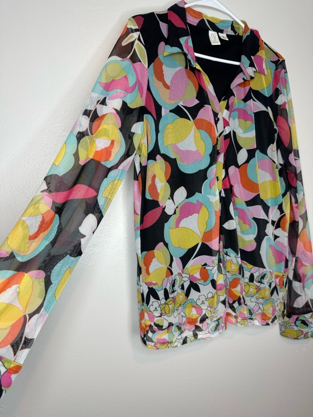 Joie Sheer Floral Button-Up Blouse - Black Multicolor Size XL - Picture 2 of 6